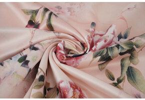 Stretch Satin Bedruckt Blumen Jasmijn Pfirsich