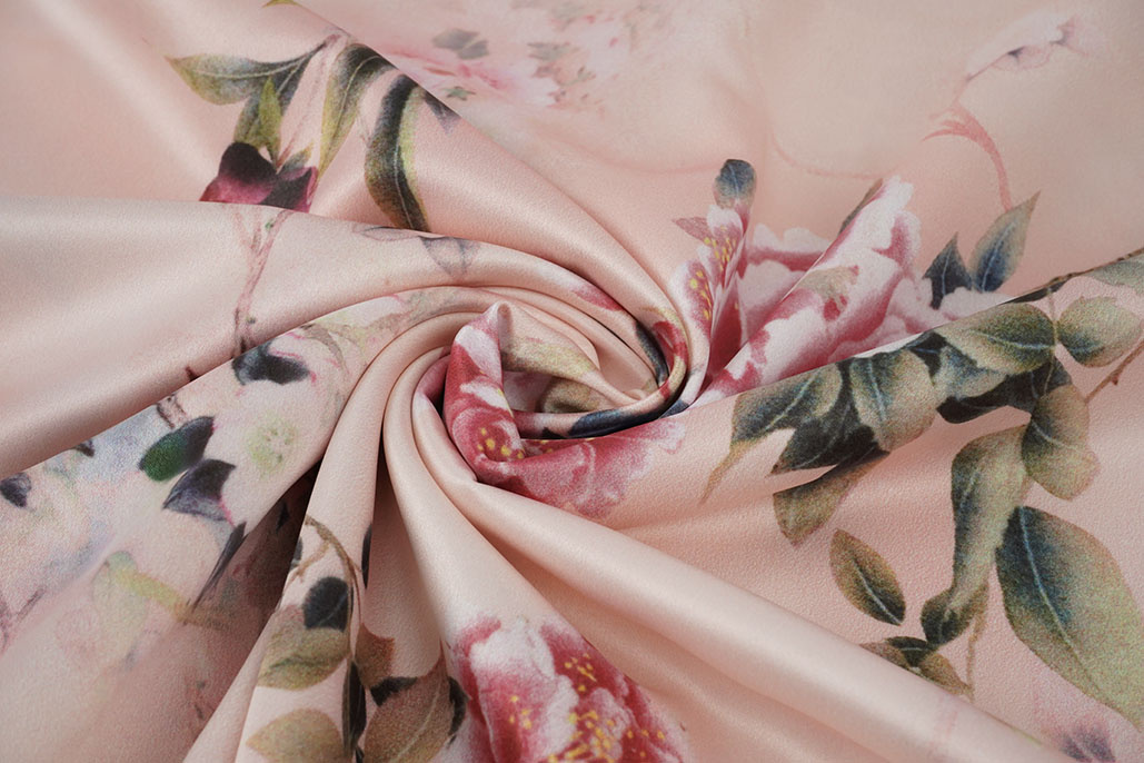 Stretch Satijn Bedrukt Bloemen Jasmijn Peach