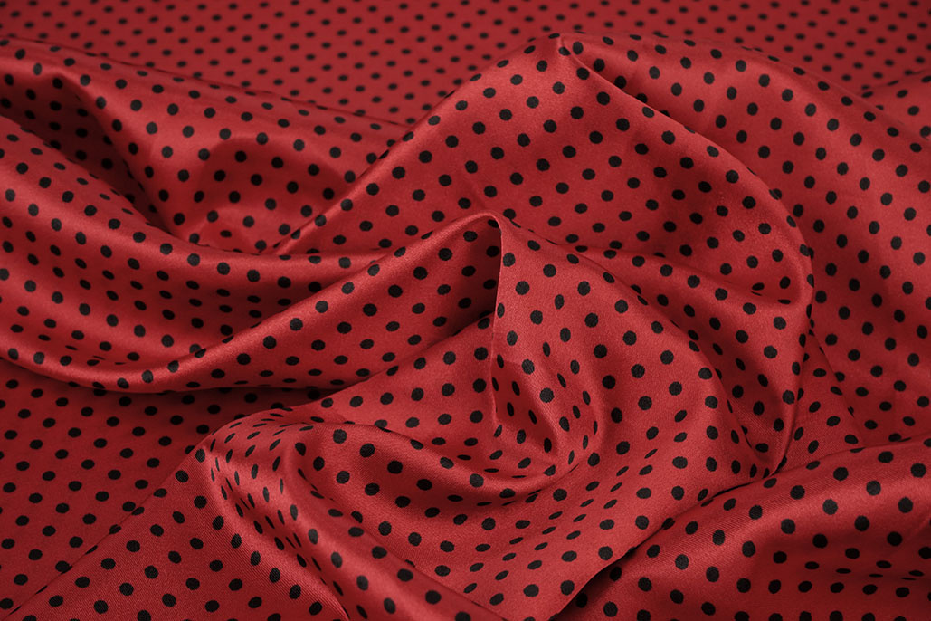 Stretch Satin Printed  Dots Red Black