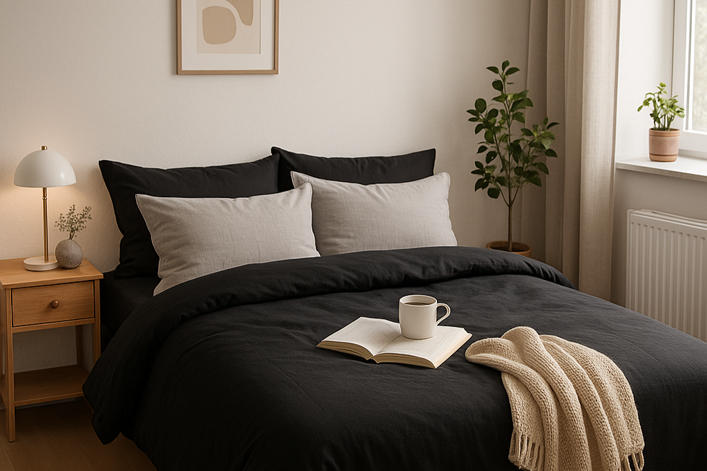Zwart dekbedovertrek in een warme, sfeervolle slaapkamer