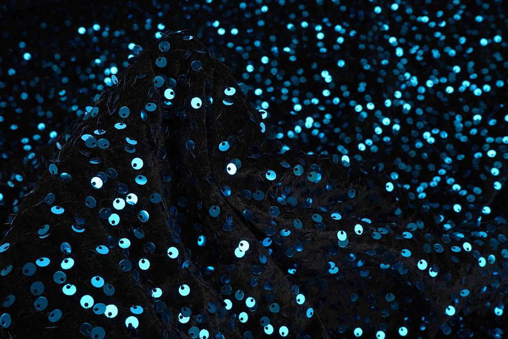 Sequins on Velvet Black - Aqua