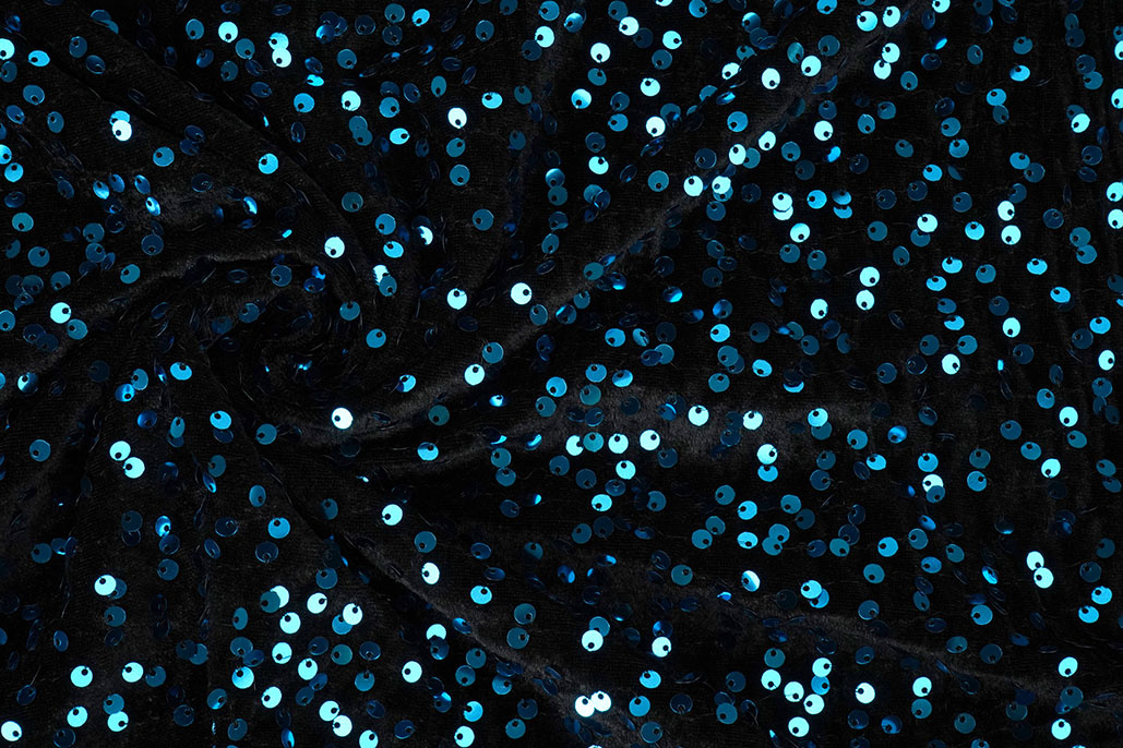 Sequins on Velvet Black - Aqua