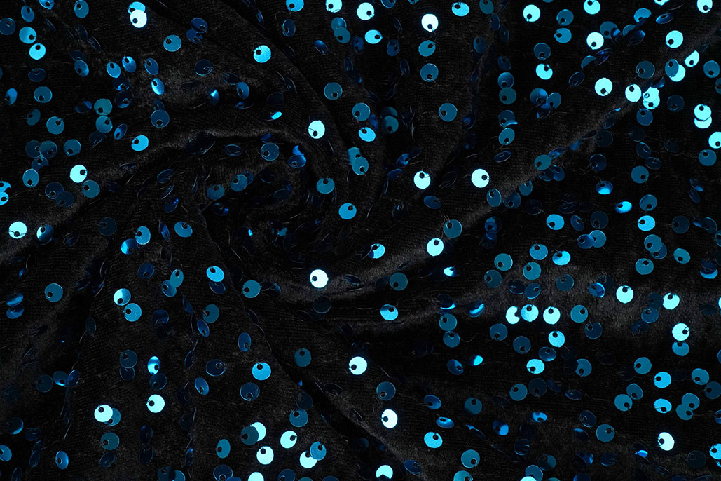 Sequins on Velvet Black - Aqua