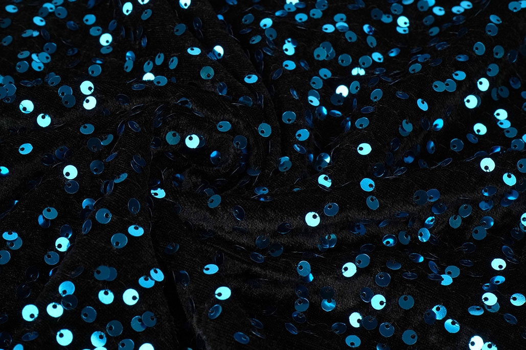 Sequins on Velvet Black - Aqua