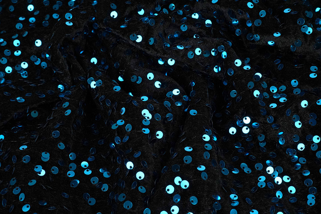 Sequins on Velvet Black - Aqua