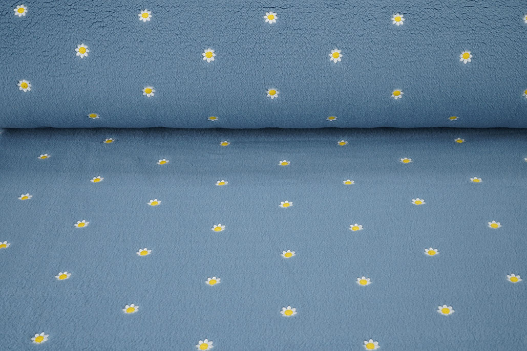 Teddy Stof Geborduurd Bloemen Camilla  Jeans Blauw