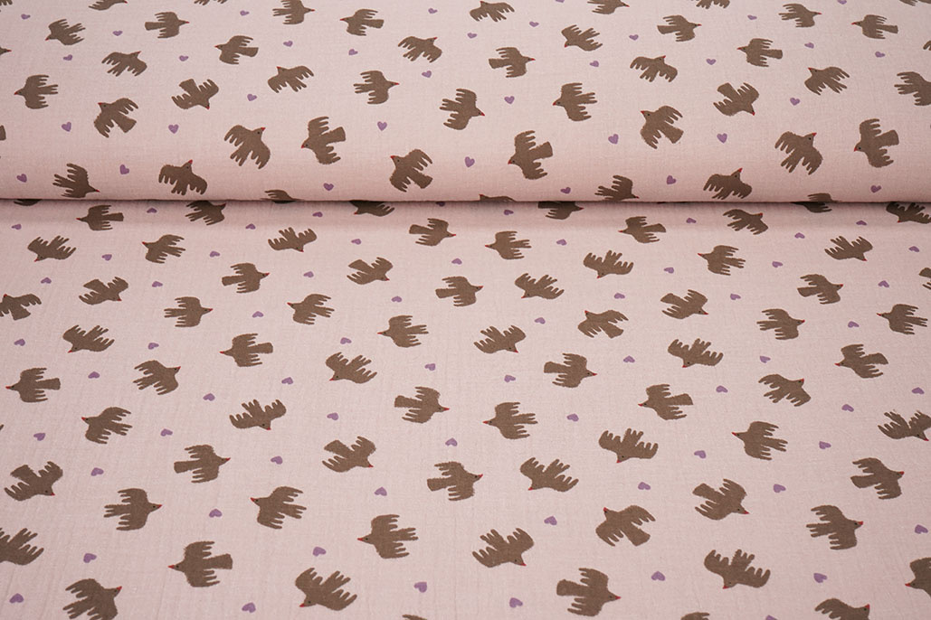 Double Gauze Organic Birds Pink