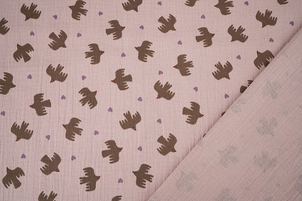 Double Gauze Organic Birds Pink