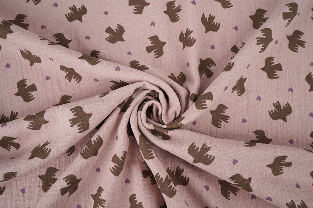 Double Gauze Organic Birds Pink