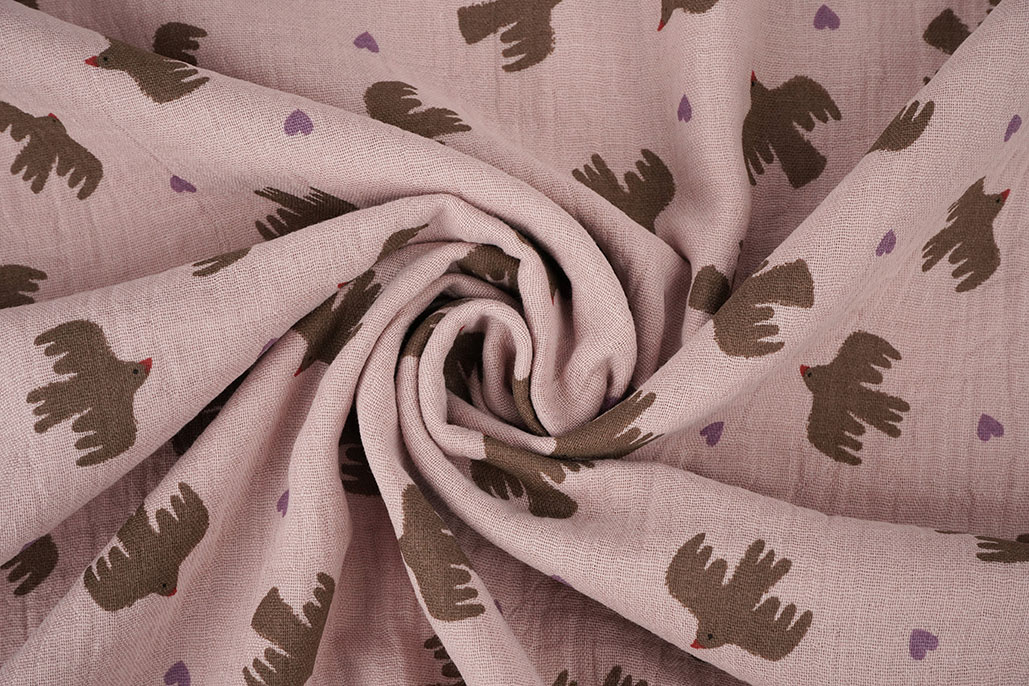 Double Gauze Organic Birds Pink