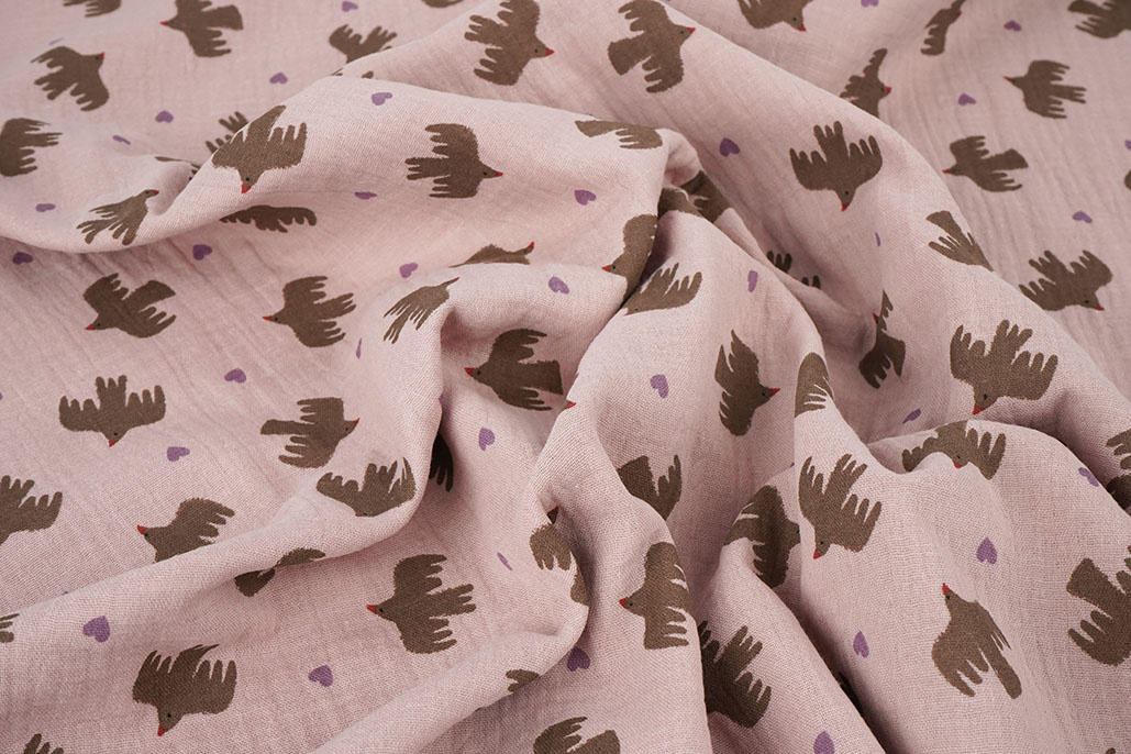 Double Gauze Organic Birds Pink