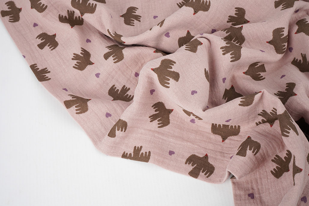 Double Gauze Organic Birds Pink