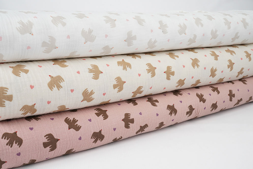 Double Gauze Organic Birds White