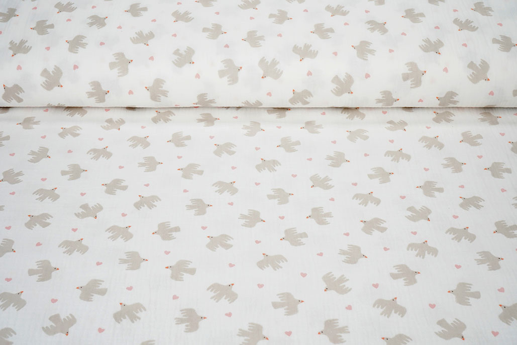 Double Gauze Organic Birds White