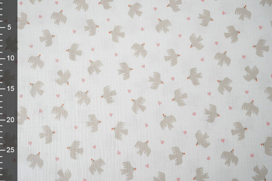 Double Gauze Organic Birds White