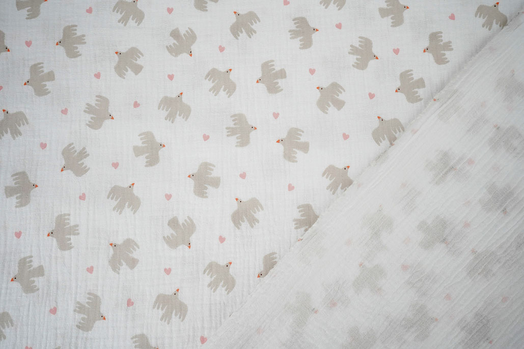 Baumwoll Musselin Organic Vögel Weiß
