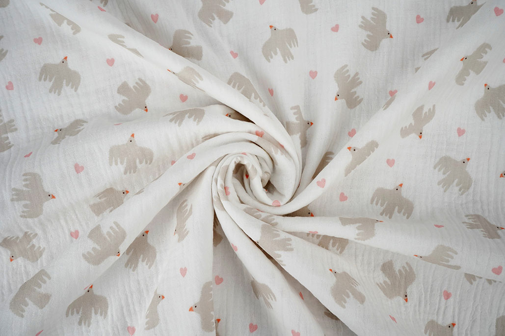 Double Gauze Organic Birds White