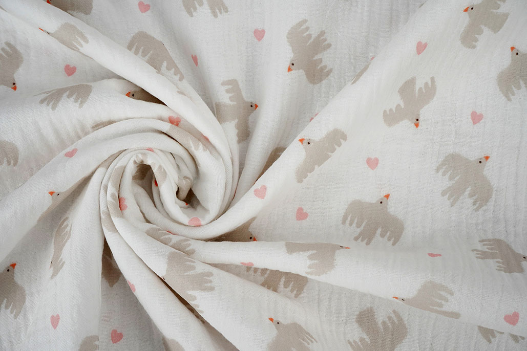 Double Gauze Organic Birds White