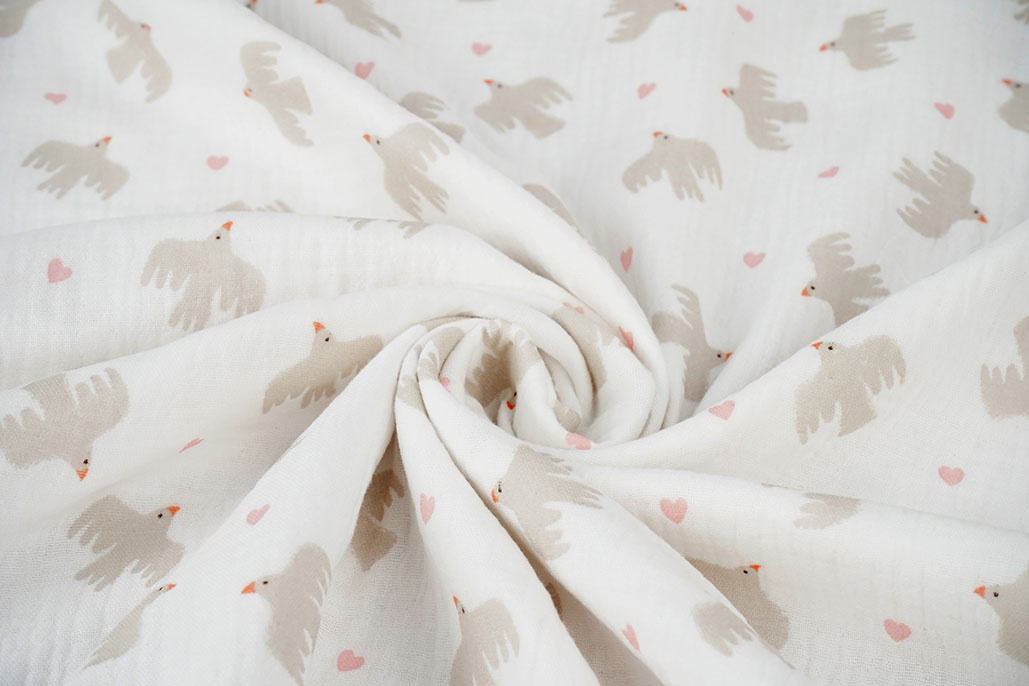 Double Gauze Organic Birds White