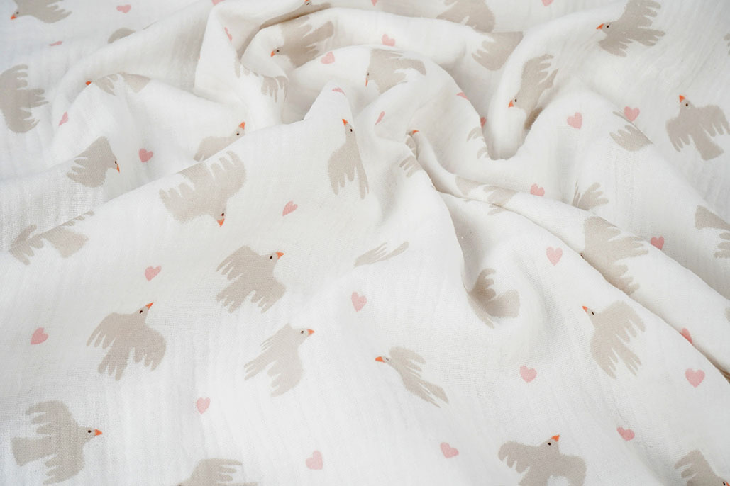 Baumwoll Musselin Organic Vögel Weiß