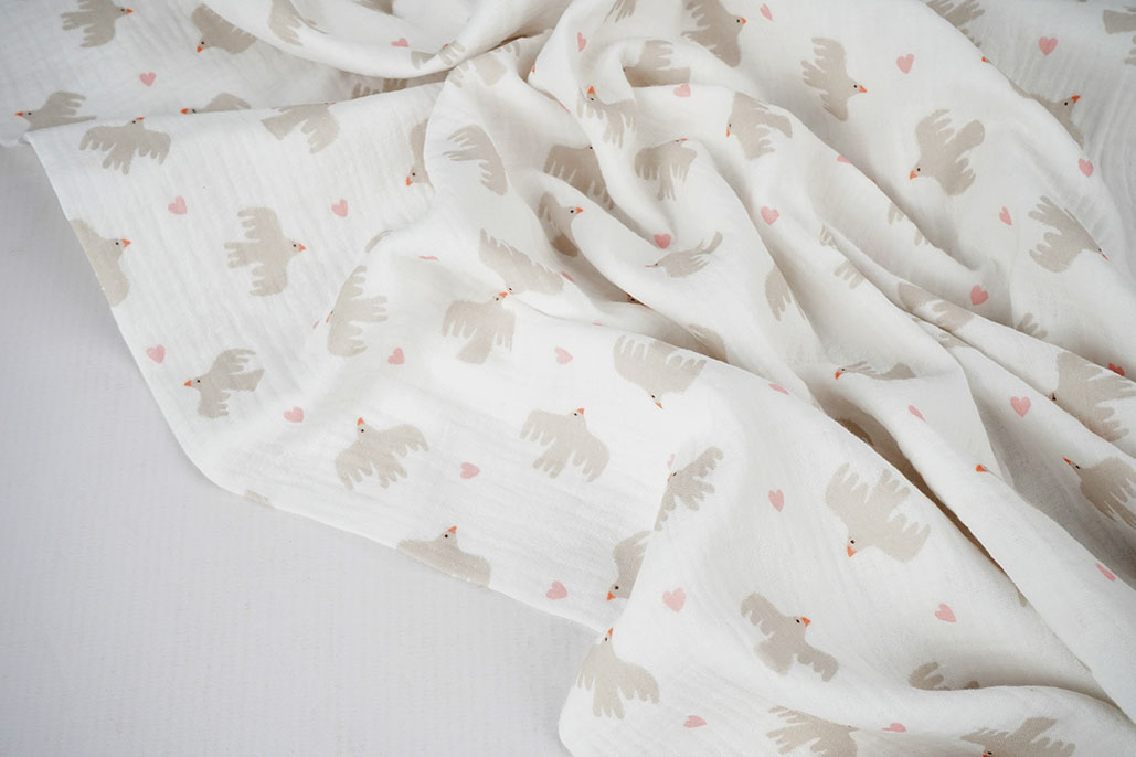 Double Gauze Organic Birds White