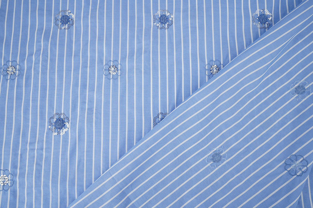 Cotton Stripes Sequins Flowers Blue