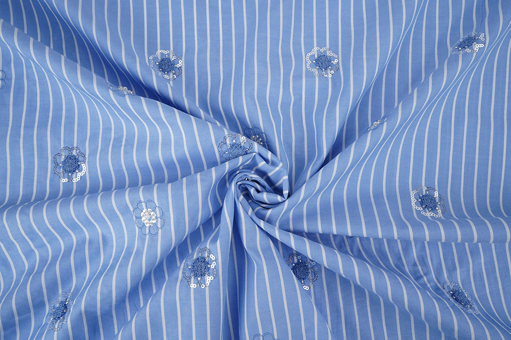 Cotton Stripes Sequins Flowers Blue