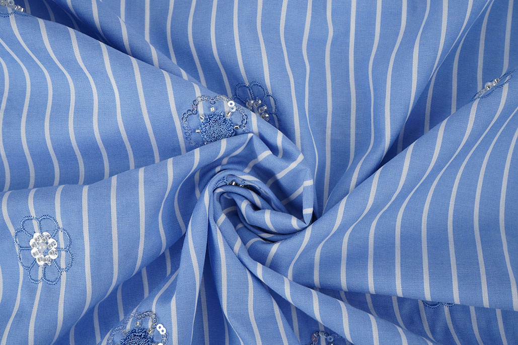 Cotton Stripes Sequins Flowers Blue