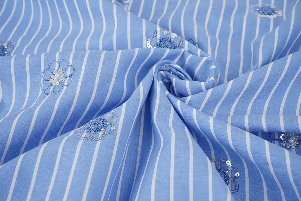 Cotton Stripes Sequins Flowers Blue