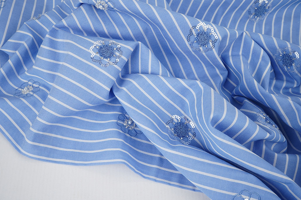 Cotton Stripes Sequins Flowers Blue