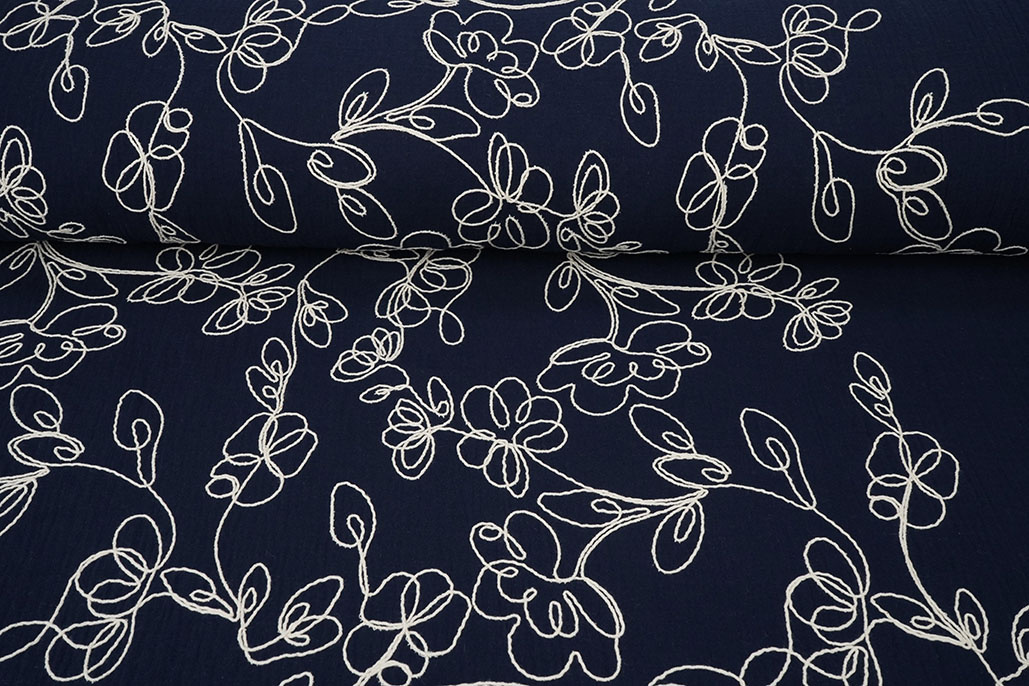 Baumwoll Musselin Bestickt Blumen Marineblau
