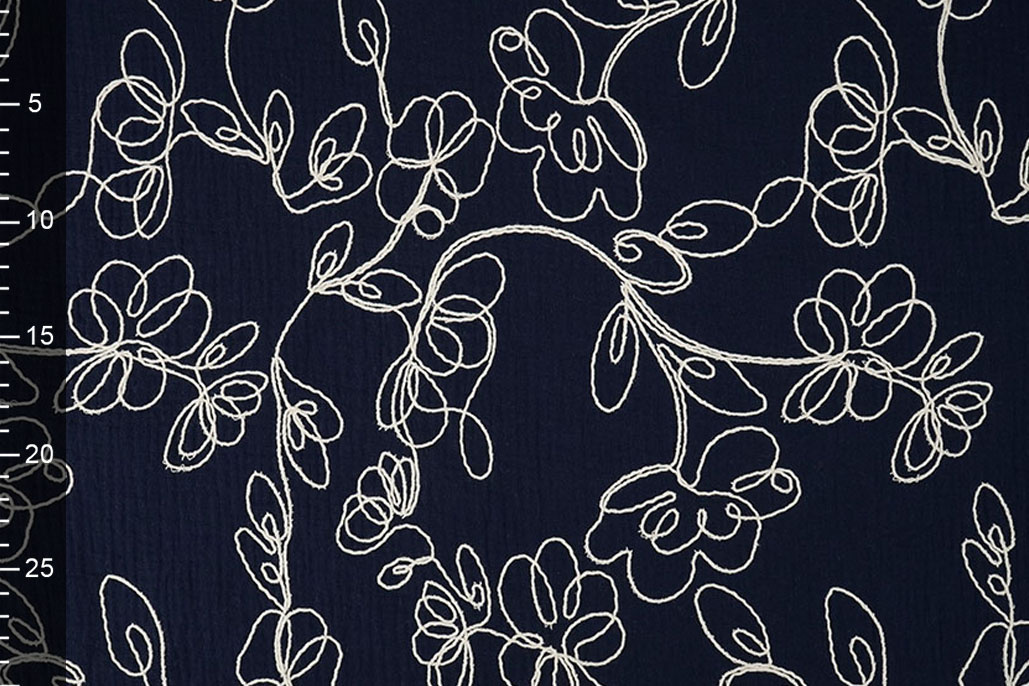 Hydrofiel Geborduurd Bloemen Marine Blauw