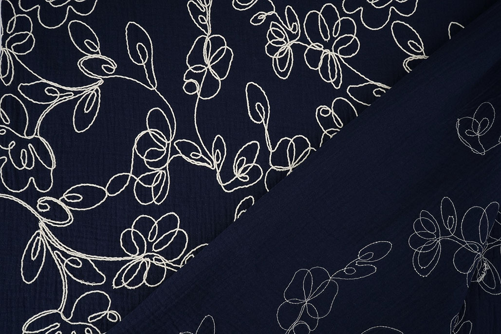 Double Gauze Embroidery Flowers Navy