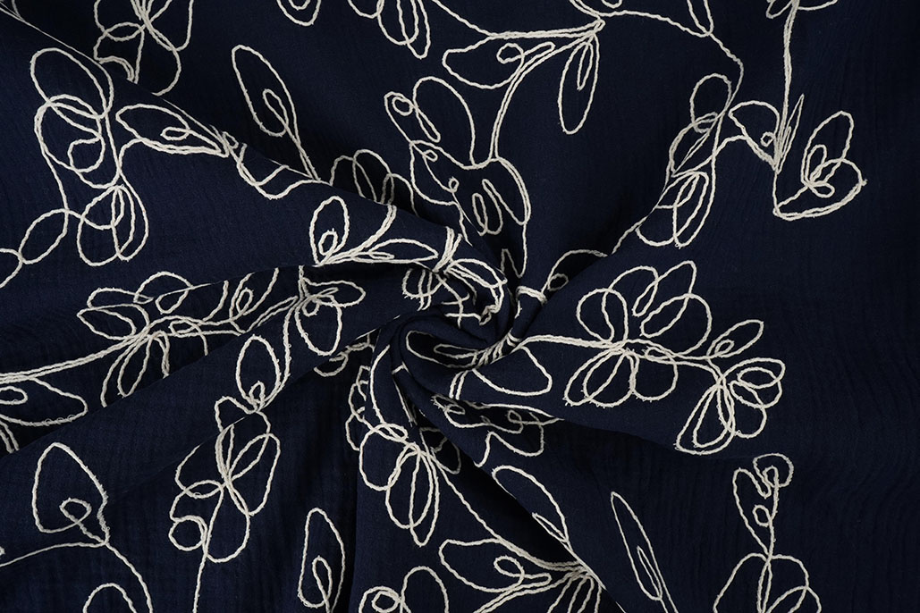 Baumwoll Musselin Bestickt Blumen Marineblau