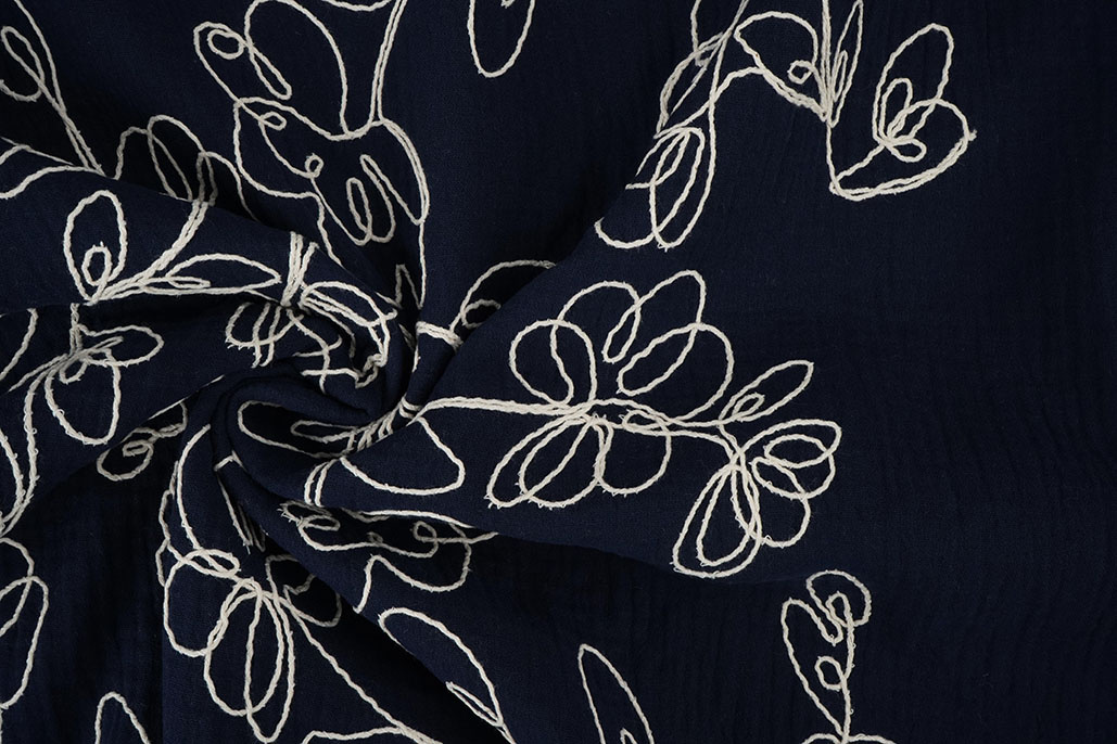 Double Gauze Embroidery Flowers Navy