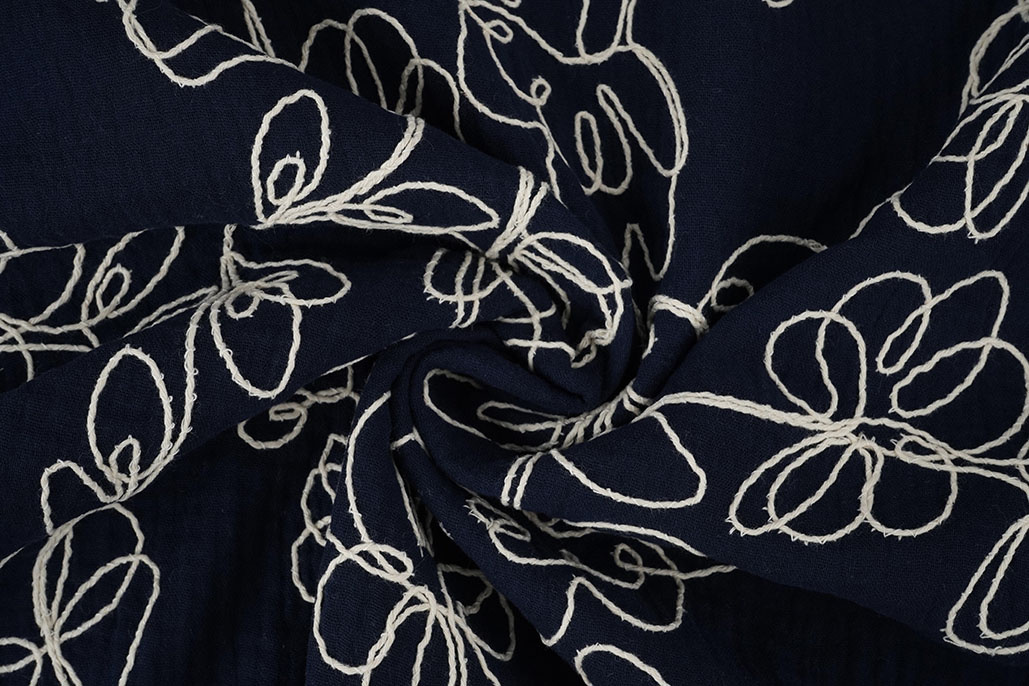 Baumwoll Musselin Bestickt Blumen Marineblau