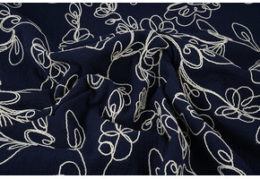 Double Gauze Embroidery Flowers Navy