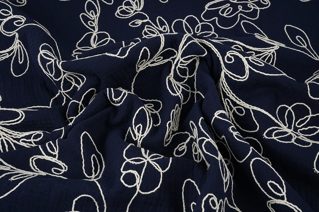 Baumwoll Musselin Bestickt Blumen Marineblau