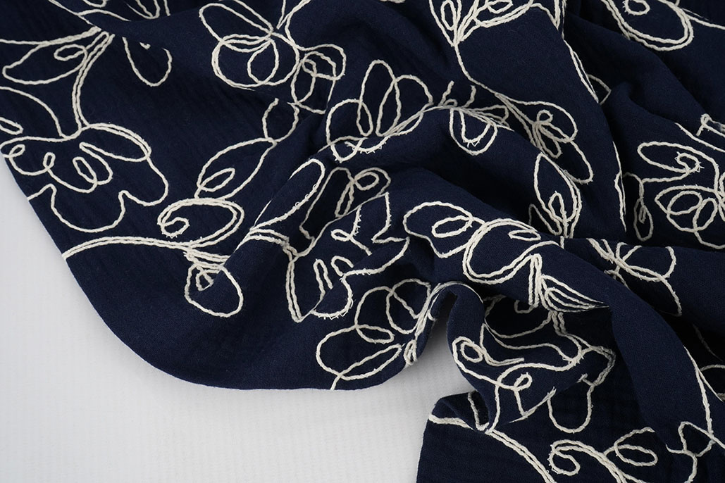 Baumwoll Musselin Bestickt Blumen Marineblau