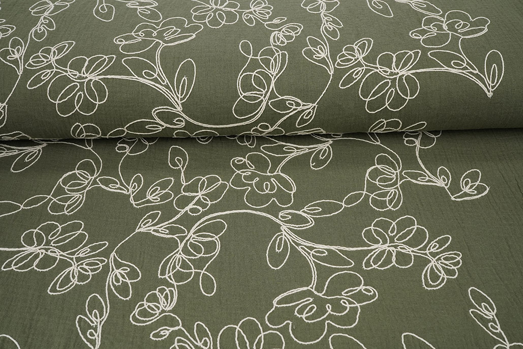 Hydrofiel Geborduurd Bloemen Army Groen