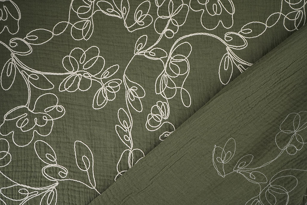 Double Gauze Embroidery Flowers Army Green