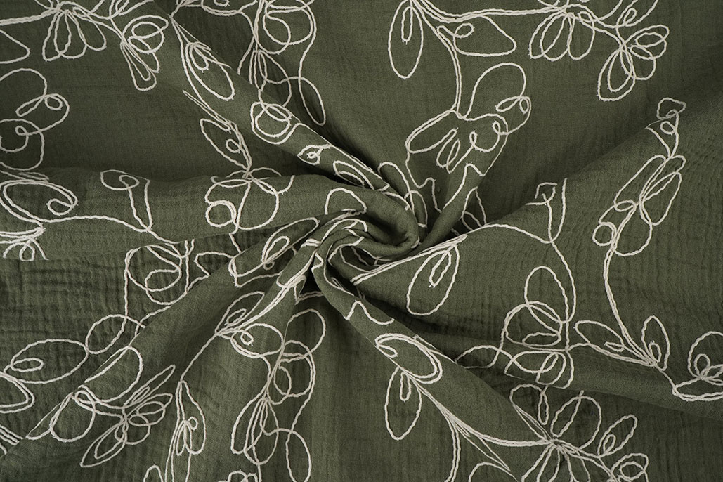 Hydrofiel Geborduurd Bloemen Army Groen