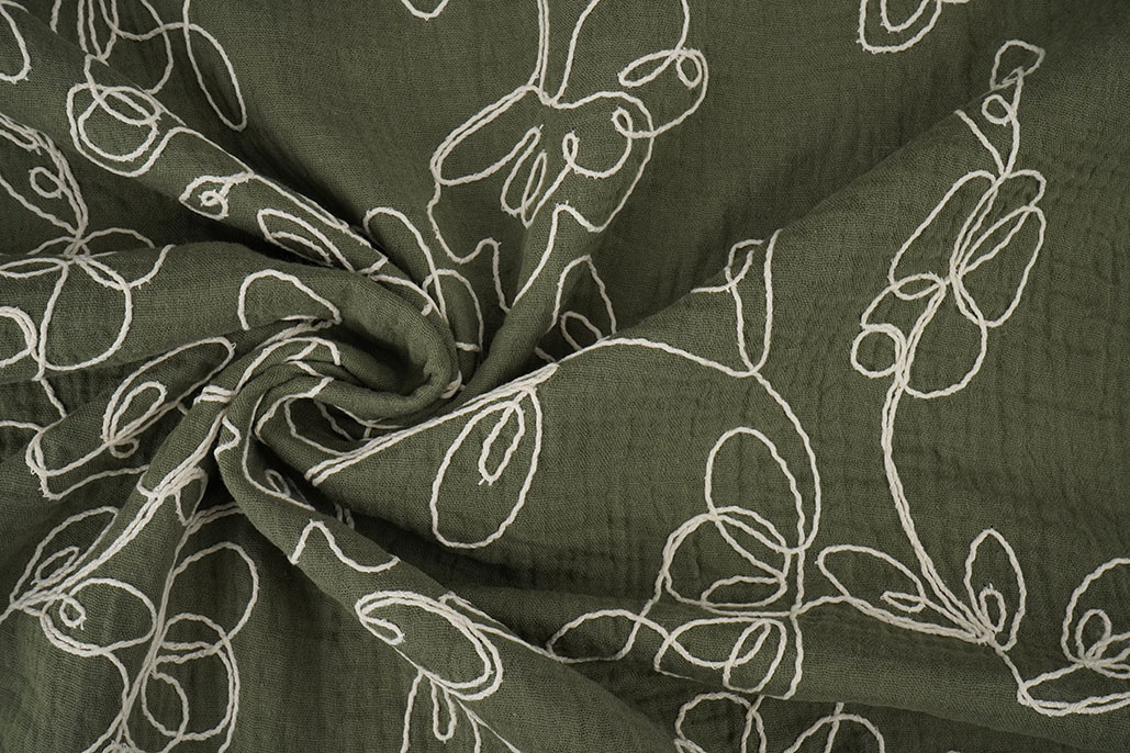 Double Gauze Embroidery Flowers Army Green