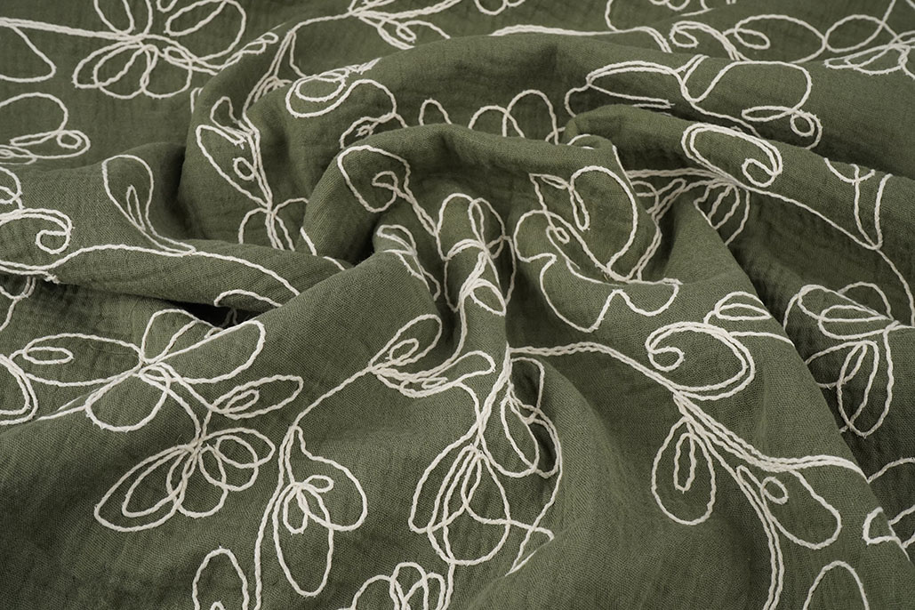 Double Gauze Embroidery Flowers Army Green