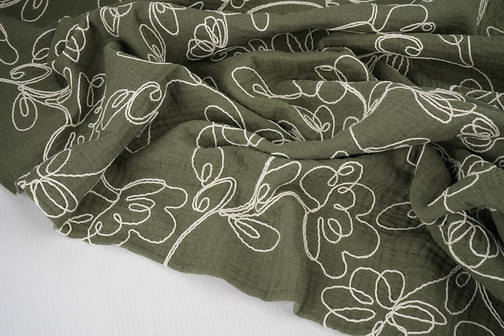 Double Gauze Embroidery Flowers Army Green