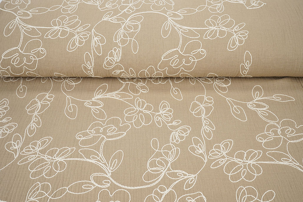 Baumwoll Musselin Bestickt Blumen Beige