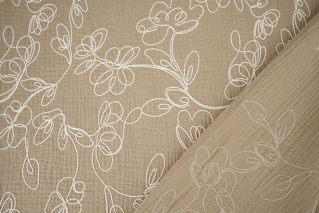 Double Gauze Embroidery Flowers Beige