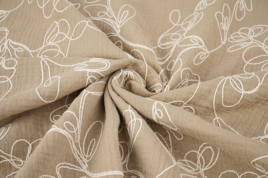 Double Gauze Embroidery Flowers Beige