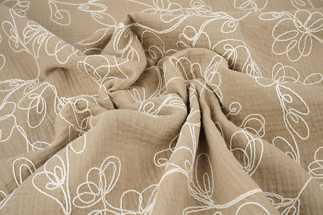 Baumwoll Musselin Bestickt Blumen Beige