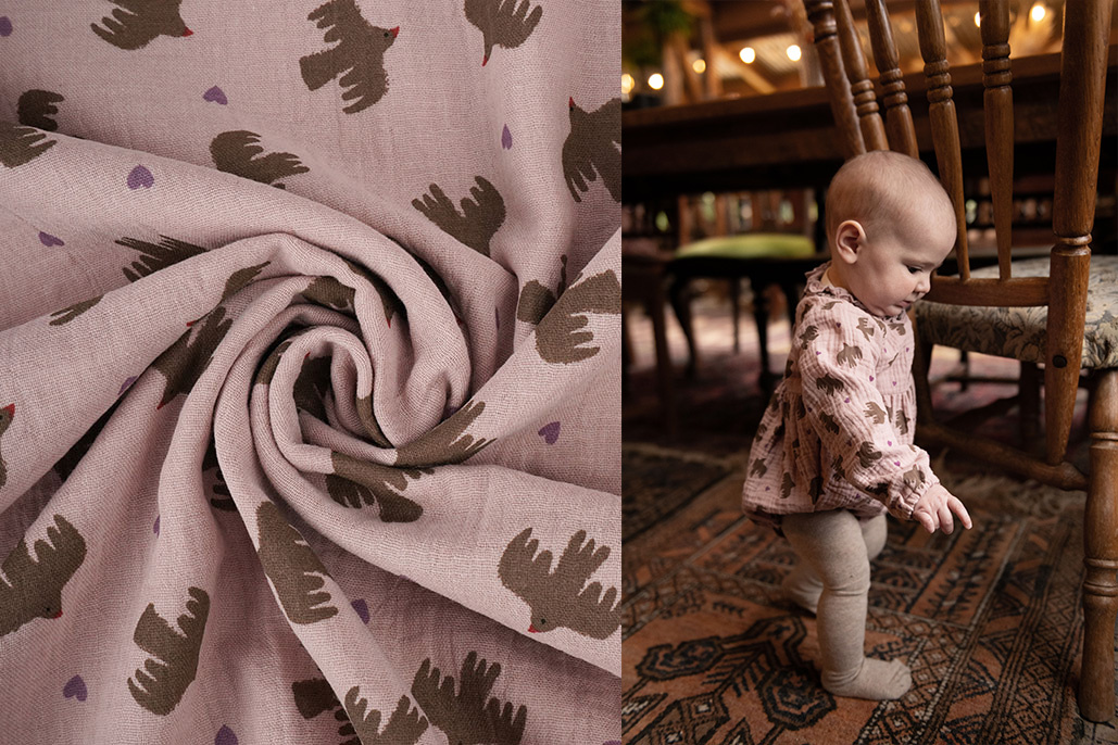 Double Gauze Organic Birds Pink